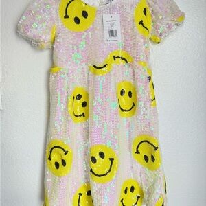 Smiley Face Sequin Kids Dress - Pink and Yellow